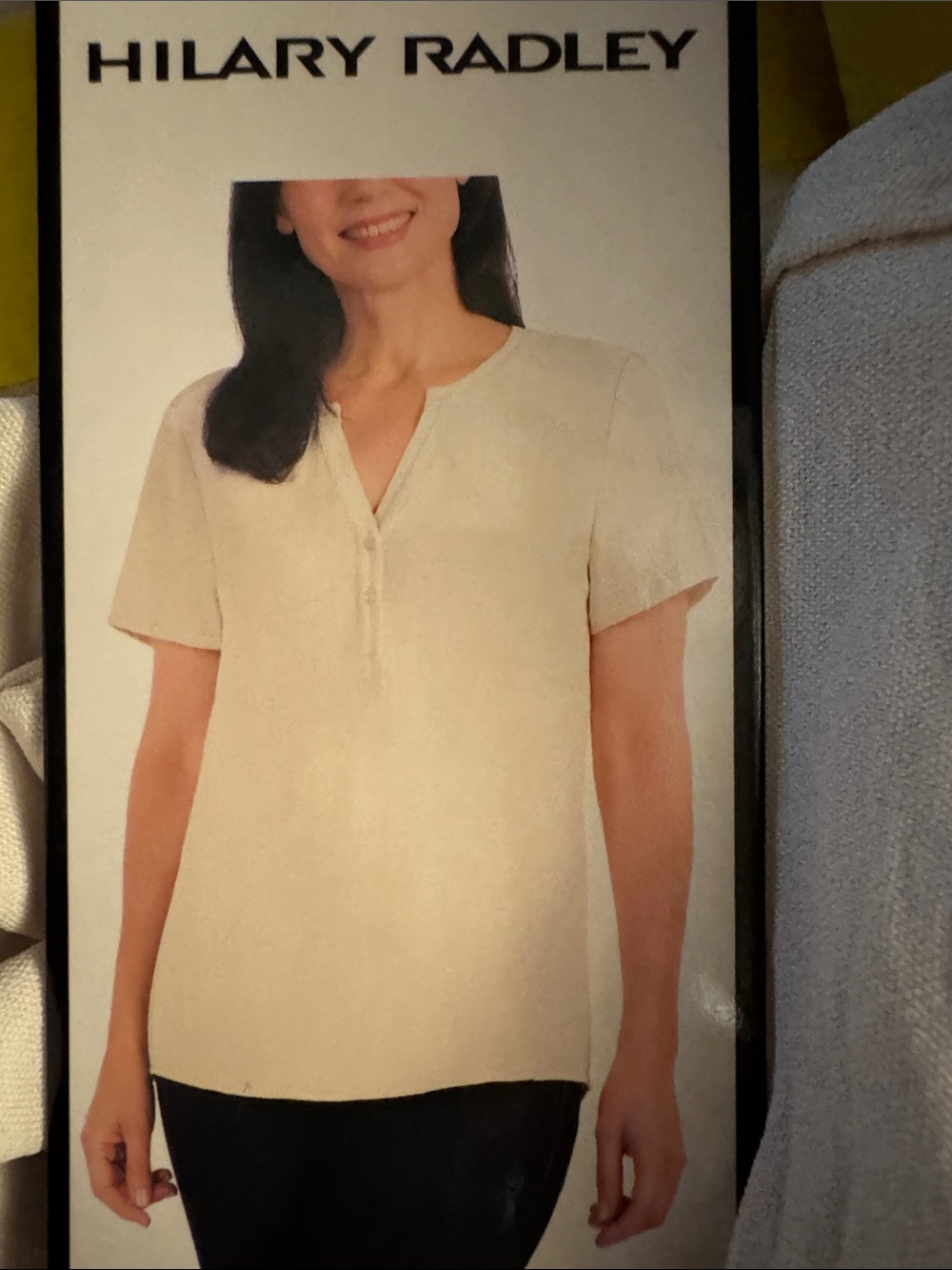 Hilary Radley Cream Split V-Neck Short Sleeve Blouse